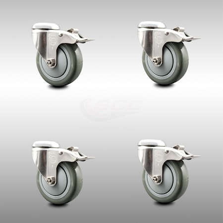 Service Caster 4 Inch 316SS Gray Polyurethane Swivel Bolt Hole Caster Set with Lock Brake SCC SCC-SS316BHTTL20S414-PPUB-4